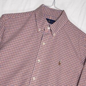 Ralph Lauren Mens Button Down Shirt Orange Blue Plaid Embroidered Pony Size M